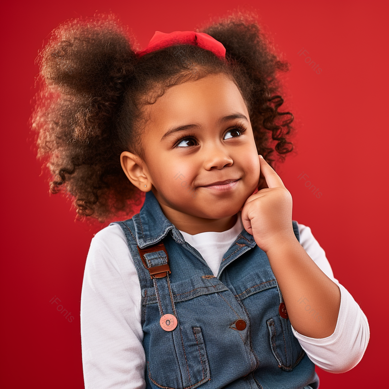 小女孩,脸或思考手放在下巴上孤立的红色背景在游戏创新,工作室的问题或有趣的愿景。微笑,快乐或好奇的孩子有想法,时尚的衣服或卷曲的发型,高清,摄影图,摄影图片,图片大全,摄影图免费下载